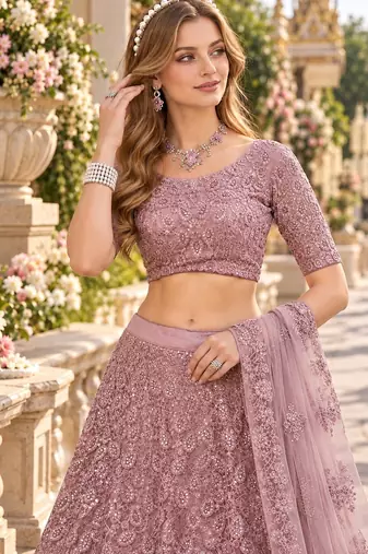 Purple Net Semi Stitched Lehenga Choli with Embroidery & Sequence Work