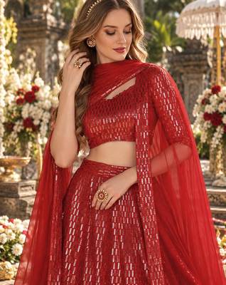 Red Net Semi Stitched Lehenga Choli with Embroidery & Sequence Work 2