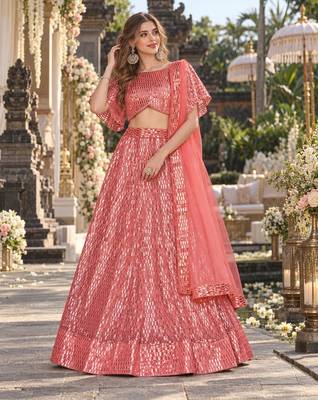 Peach Net Semi Stitched Lehenga Choli with Embroidery & Sequence Work 1