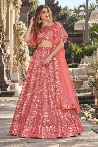 Peach Net Semi Stitched Lehenga Choli with Embroidery & Sequence Work