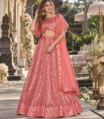 Peach Net Semi Stitched Lehenga Choli with Embroidery & Sequence Work