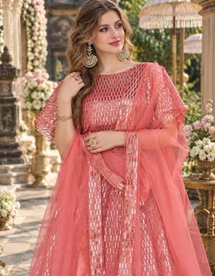 Peach Net Semi Stitched Lehenga Choli with Embroidery & Sequence Work 2
