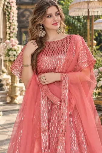 Peach Net Semi Stitched Lehenga Choli with Embroidery & Sequence Work