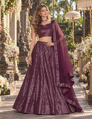 Violet Net Semi Stitched Lehenga Choli with Embroidery & Sequence Work 1
