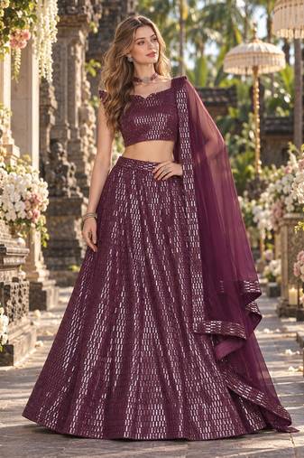 Violet Net Semi Stitched Lehenga Choli with Embroidery & Sequence Work