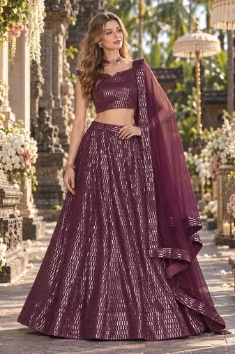 Violet Net Semi Stitched Lehenga Choli with Embroidery & Sequence Work
