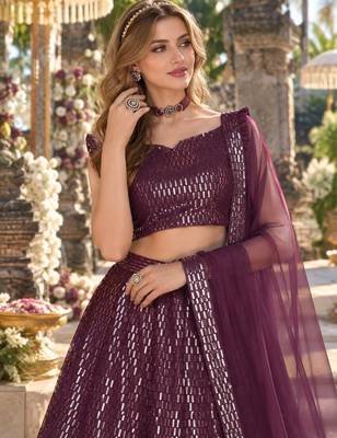 Violet Net Semi Stitched Lehenga Choli with Embroidery & Sequence Work 2