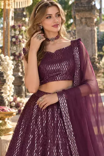 Violet Net Semi Stitched Lehenga Choli with Embroidery & Sequence Work