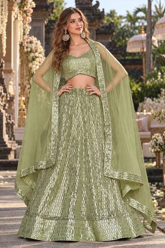 Green Net Semi Stitched Lehenga Choli with Embroidery & Sequence Work