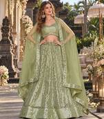 Green Net Semi Stitched Lehenga Choli with Embroidery & Sequence Work