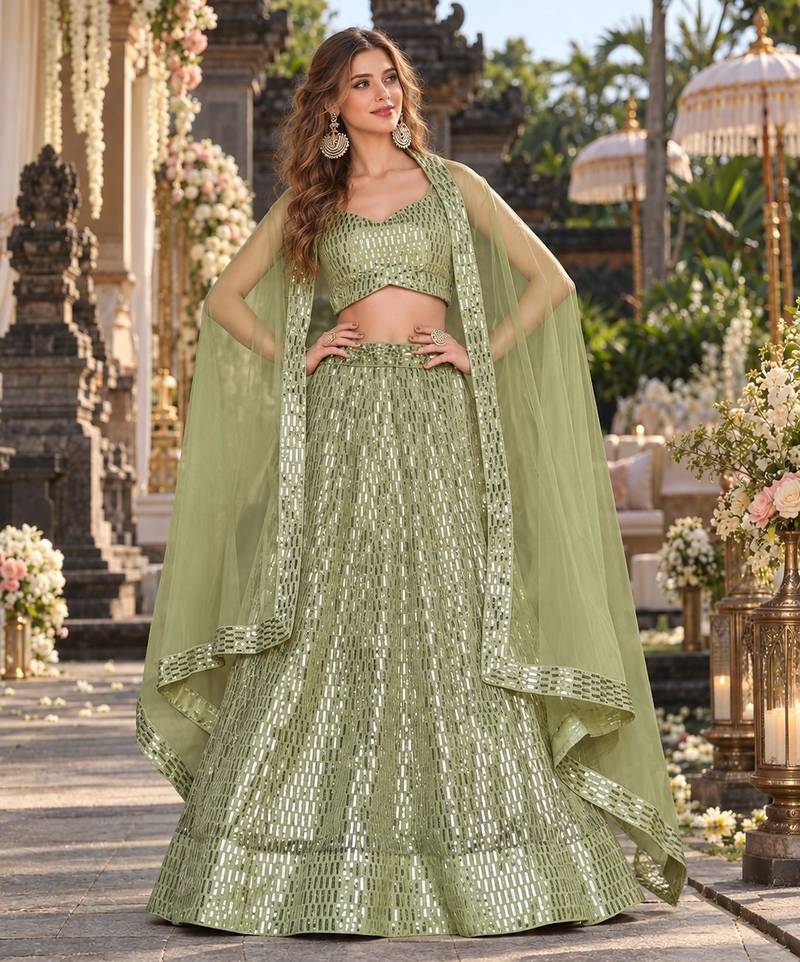 Green Net Semi Stitched Lehenga Choli with Embroidery & Sequence Work