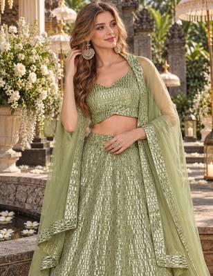 Green Net Semi Stitched Lehenga Choli with Embroidery & Sequence Work 2
