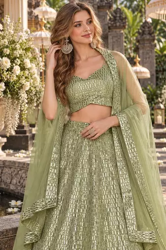Green Net Semi Stitched Lehenga Choli with Embroidery & Sequence Work