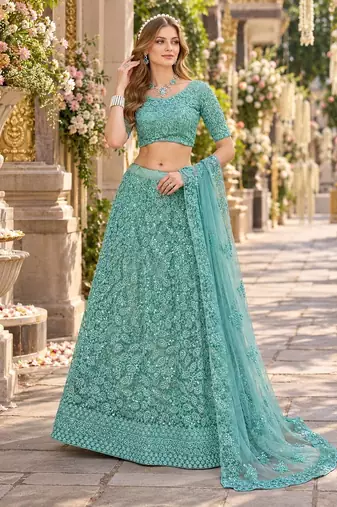 Turquoise Net Semi Stitched Lehenga Choli with Embroidery & Sequence Work
