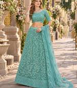 Turquoise Net Semi Stitched Lehenga Choli with Embroidery & Sequence Work