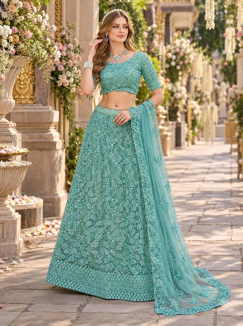 Turquoise Net Semi Stitched Lehenga Choli with Embroidery & Sequence Work