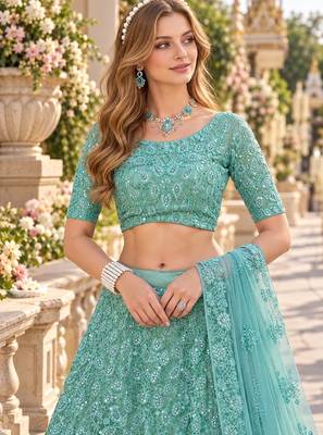 Turquoise Net Semi Stitched Lehenga Choli with Embroidery & Sequence Work 2
