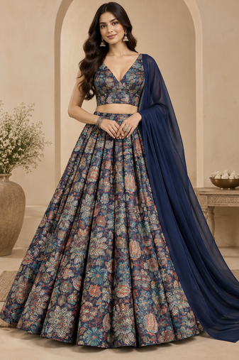 Navy Blue Printed With Sequin Work Georgette Lehenga Choli with Plain Dupatta
