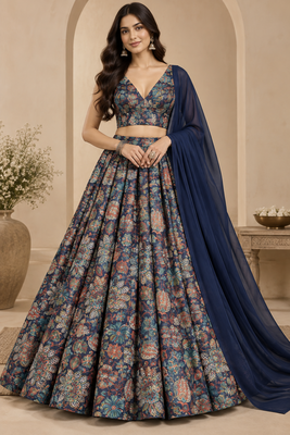 Navy Blue Printed With Sequin Work Georgette Lehenga Choli with Plain Dupatta 1