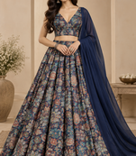 Navy Blue Printed With Sequin Work Georgette Lehenga Choli with Plain Dupatta