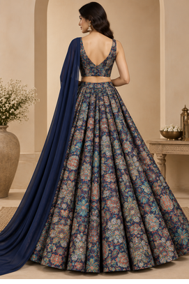 Navy Blue Printed With Sequin Work Georgette Lehenga Choli with Plain Dupatta 2