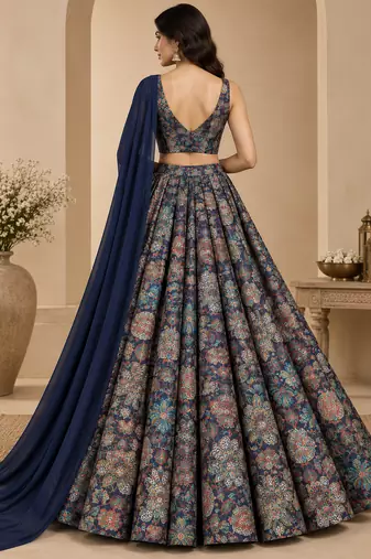Navy Blue Printed With Sequin Work Georgette Lehenga Choli with Plain Dupatta
