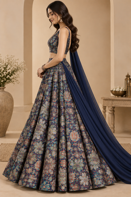 Navy Blue Printed With Sequin Work Georgette Lehenga Choli with Plain Dupatta 3