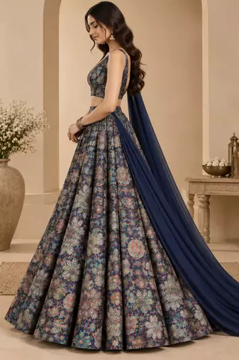 Navy Blue Printed With Sequin Work Georgette Lehenga Choli with Plain Dupatta