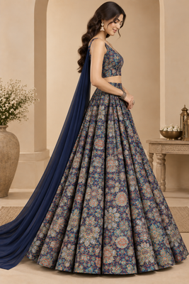 Navy Blue Printed With Sequin Work Georgette Lehenga Choli with Plain Dupatta 4