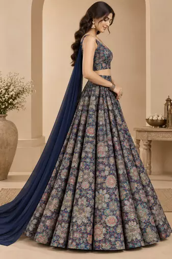 Navy Blue Printed With Sequin Work Georgette Lehenga Choli with Plain Dupatta