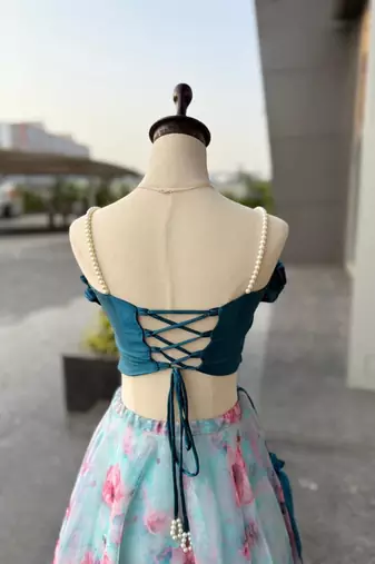 sky blue organza printed lehenga choli with free size upto 42