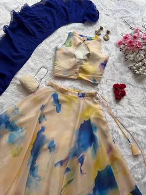 multicolor organza printed traditional lehenga choli with free size upto 42 5