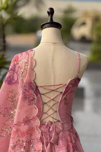 baby pink organza embroidered lehenga choli with free size upto 38