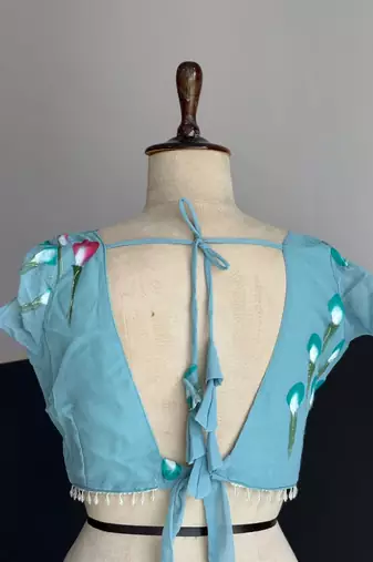 turquoise silk blend printed traditional lehenga choli with free size upto 38
