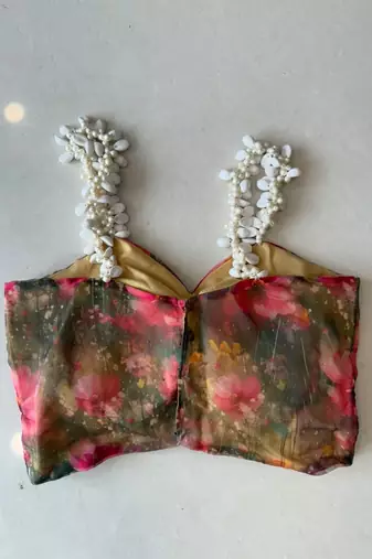 beige organza printed lehenga choli with free size upto 42