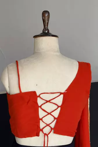 red georgette printed lehenga choli with free size upto 42