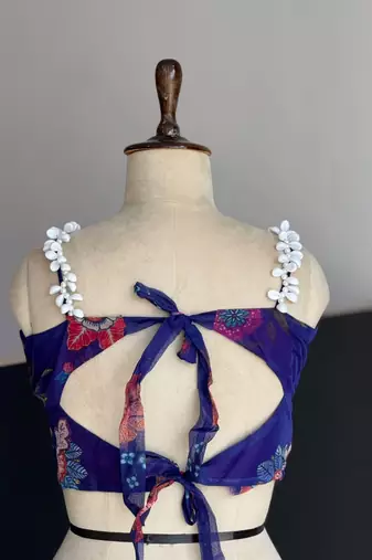 royal blue organza printed lehenga choli with free size upto 42