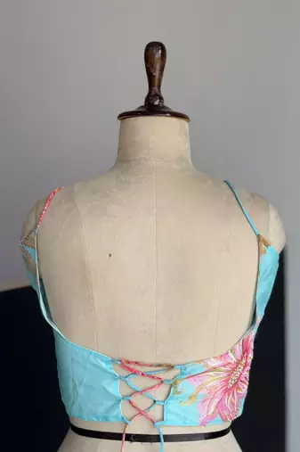sky blue organza printed lehenga choli with free size upto 42