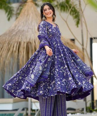 Blue digital printed muslin anarkali palazzo set with dupatta 1