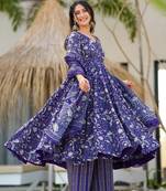 Blue digital printed muslin anarkali palazzo set with dupatta
