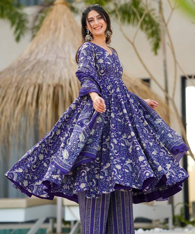 Blue digital printed muslin anarkali palazzo set with dupatta
