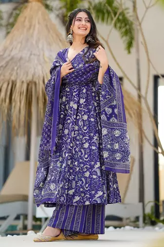 Blue digital printed muslin anarkali palazzo set with dupatta