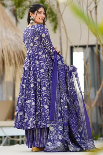Blue digital printed muslin anarkali palazzo set with dupatta