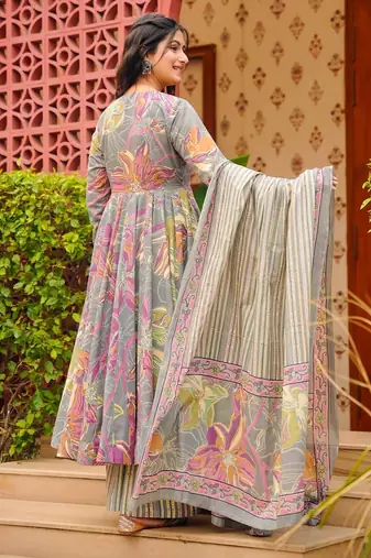 Multicolor digital printed muslin anarkali palazzo set with dupatta