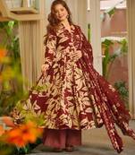 Maroon digital printed muslin anarkali palazzo set with dupatta