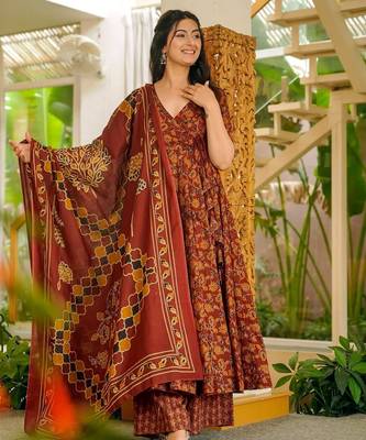 Maroon digital printed muslin anarkali palazzo set with dupatta 1