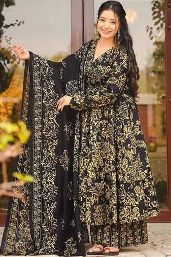 Black digital printed muslin anarkali palazzo set with dupatta