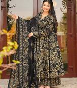 Black digital printed muslin anarkali palazzo set with dupatta