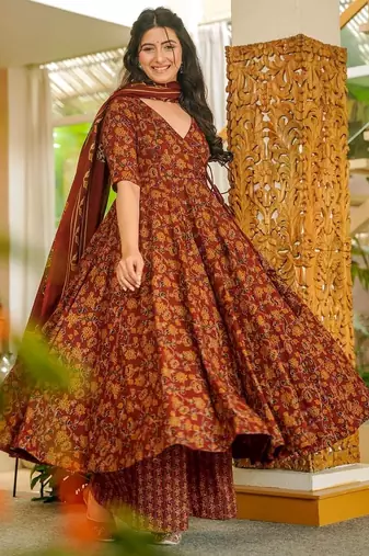 Maroon digital printed muslin anarkali palazzo set with dupatta