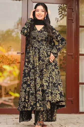Black digital printed muslin anarkali palazzo set with dupatta